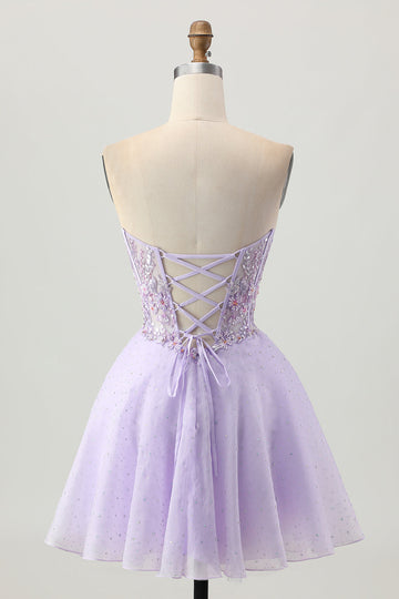 Scintillant Une ligne sans bretelles paillettes à lacets dans le dos Mini Robe De Cocktail lilas avec perles